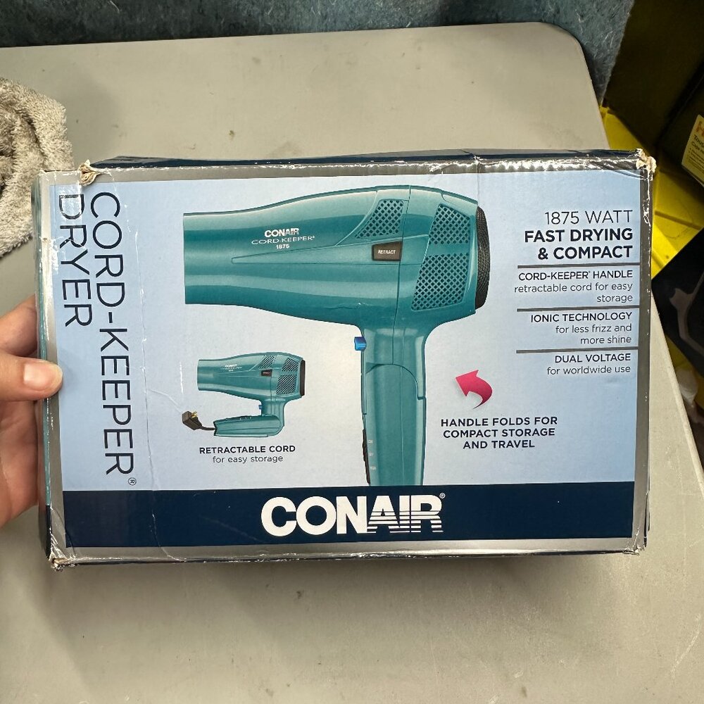 Conair 1875 Watt Cord Keeper Hair Dryer with Folding Handle & Retractable Cord N